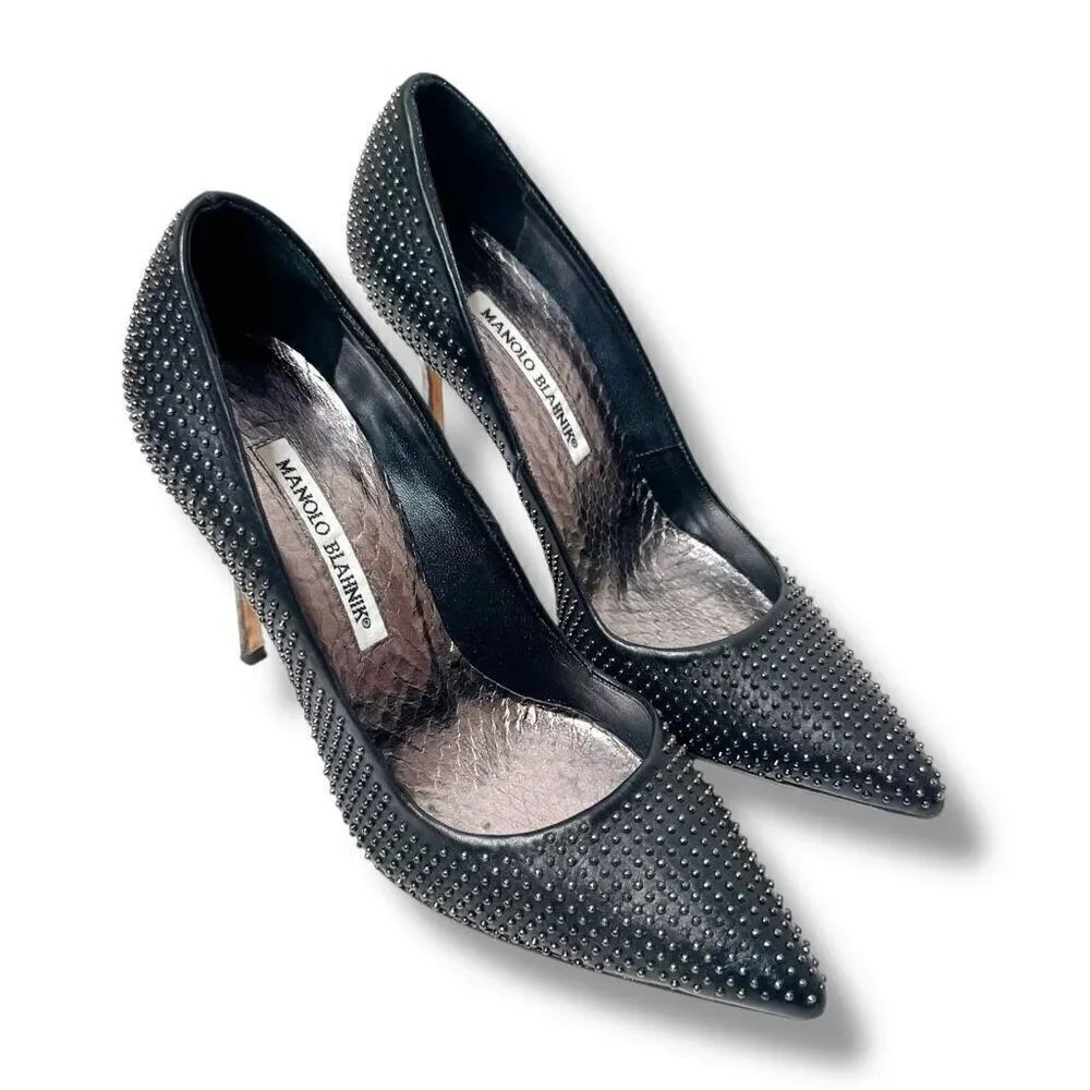 Manolo Blahnik Black Small Silver Studs Metallic Silver Snakeskin Heel Pump 36.5